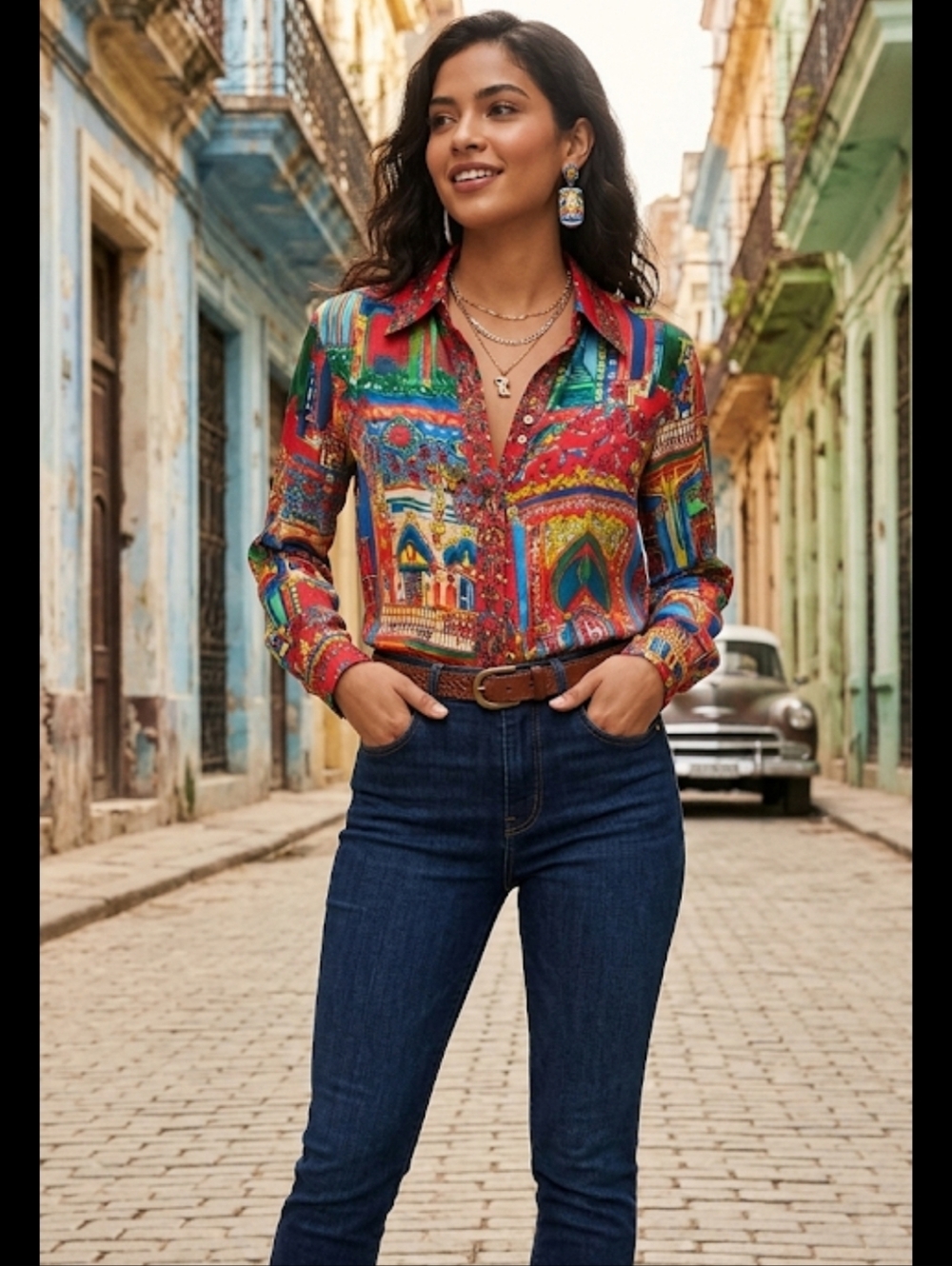 Alice + Olivia Red  and Blue Multi-Print Blouse HAVANA CUBA PRINT